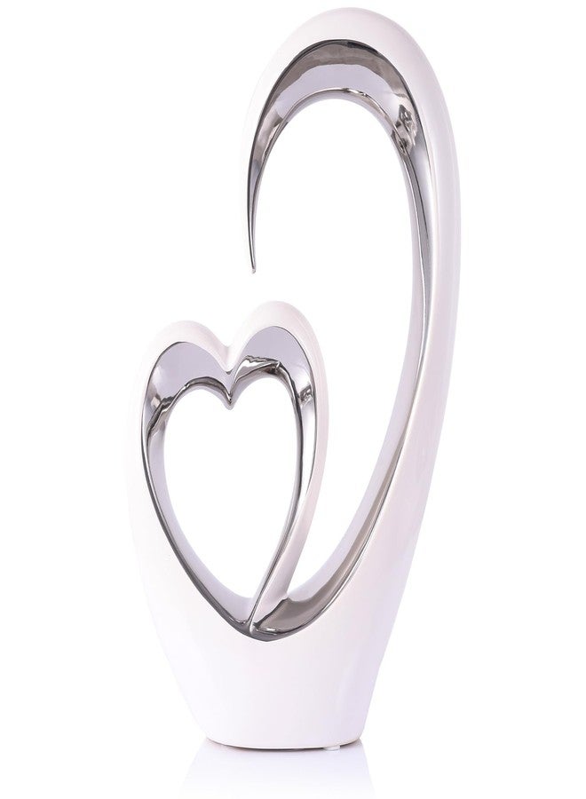 oliruim OliRium Silver White Heart Sculpture - Ceramic Silver Double Heart Couple Decor Art Statue for Wedding, Valentine's Day Decor, Living Room Coffee Table Centerpiece (Tall) - Image 1